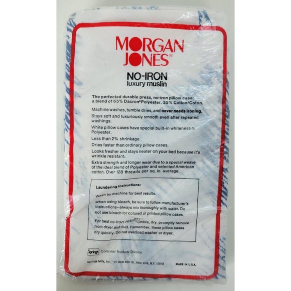 2 Vintage NIP Morgan Jones Muslin Standard Pillow Cases White Blue USA - Picture 4 of 4